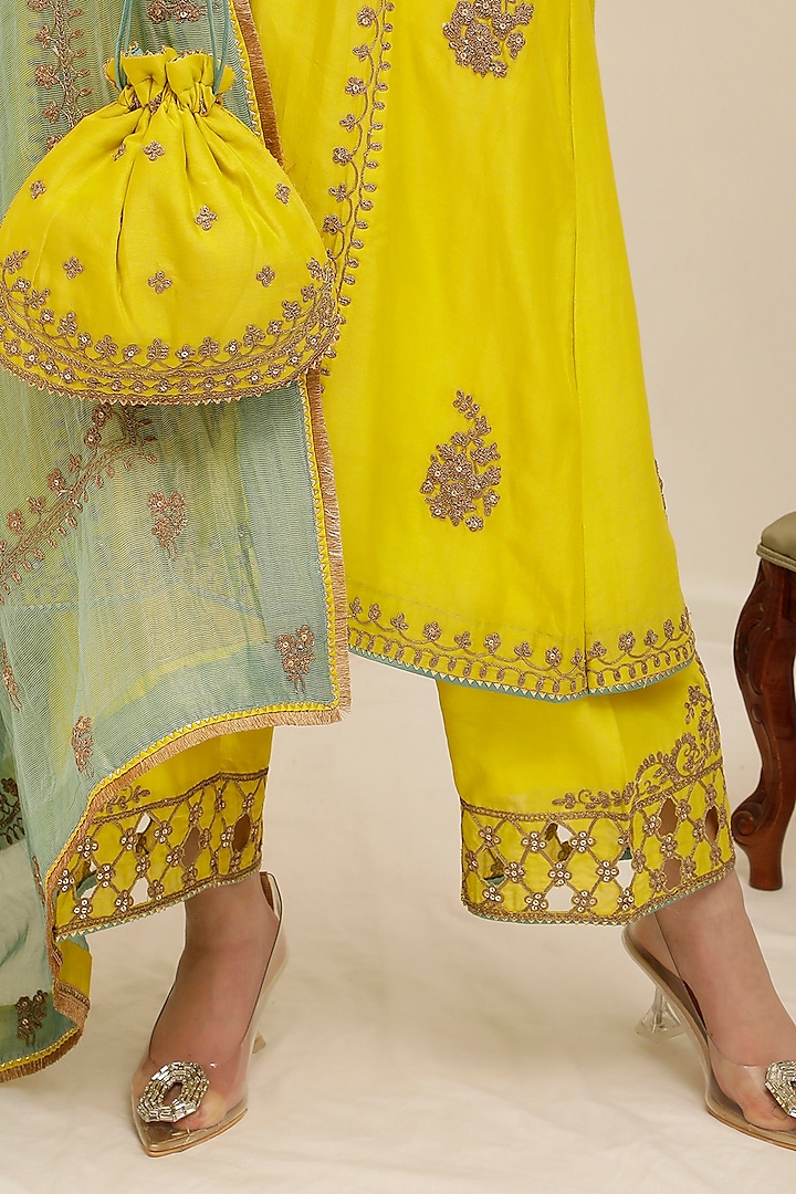 Lemon Yellow Pure Silk Chanderi Cutwork Embroidered A-Line Kurta Set by A Touch Of Zari at Pernia's Pop Up Shop