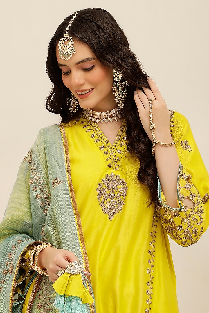 Lemon Yellow Pure Silk Chanderi Cutwork Embroidered A-Line Kurta Set by A Touch Of Zari at Pernia's Pop Up Shop