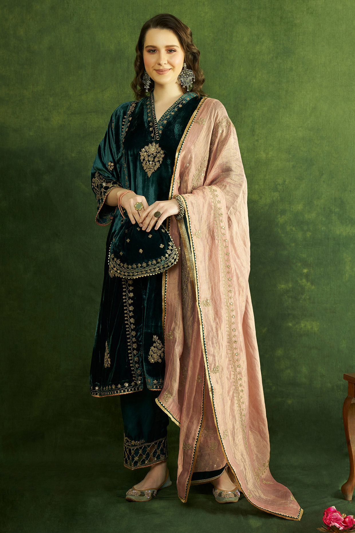 Green Silk Velvet Cutwork Embroidered A-Line Kurta Set by A Touch Of Zari at Pernia's Pop Up Shop