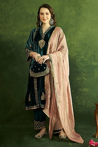 Green Silk Velvet Cutwork Embroidered A-Line Kurta Set by A Touch Of Zari
