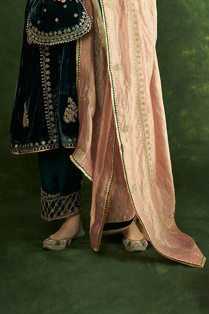 Green Silk Velvet Cutwork Embroidered A-Line Kurta Set by A Touch Of Zari at Pernia's Pop Up Shop