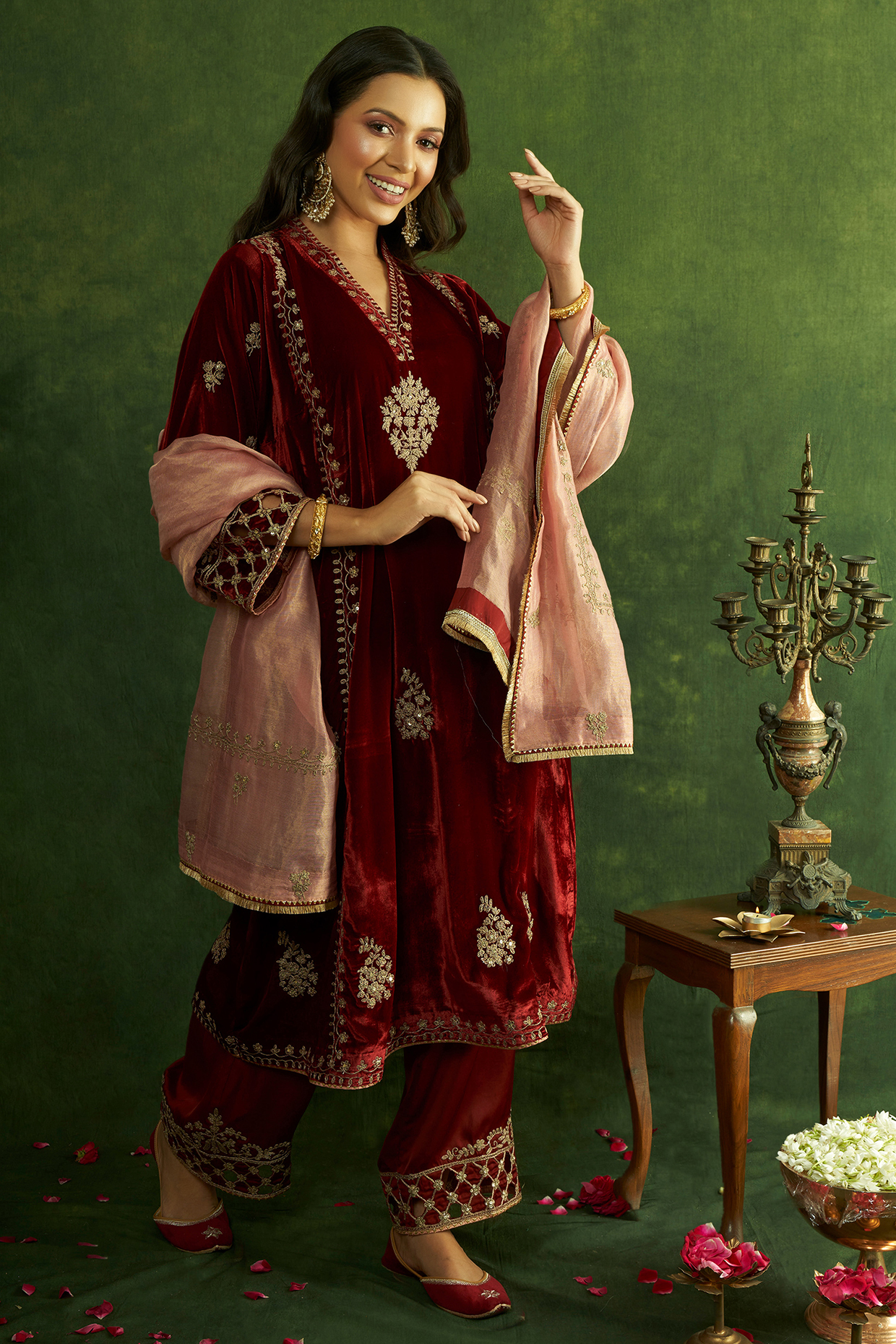 Maroon Silk Velvet Cutwork Embroidered A-Line Kurta Set by A Touch Of Zari at Pernia's Pop Up Shop