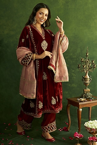 Maroon Silk Velvet Cutwork Embroidered A-Line Kurta Set by A Touch Of Zari