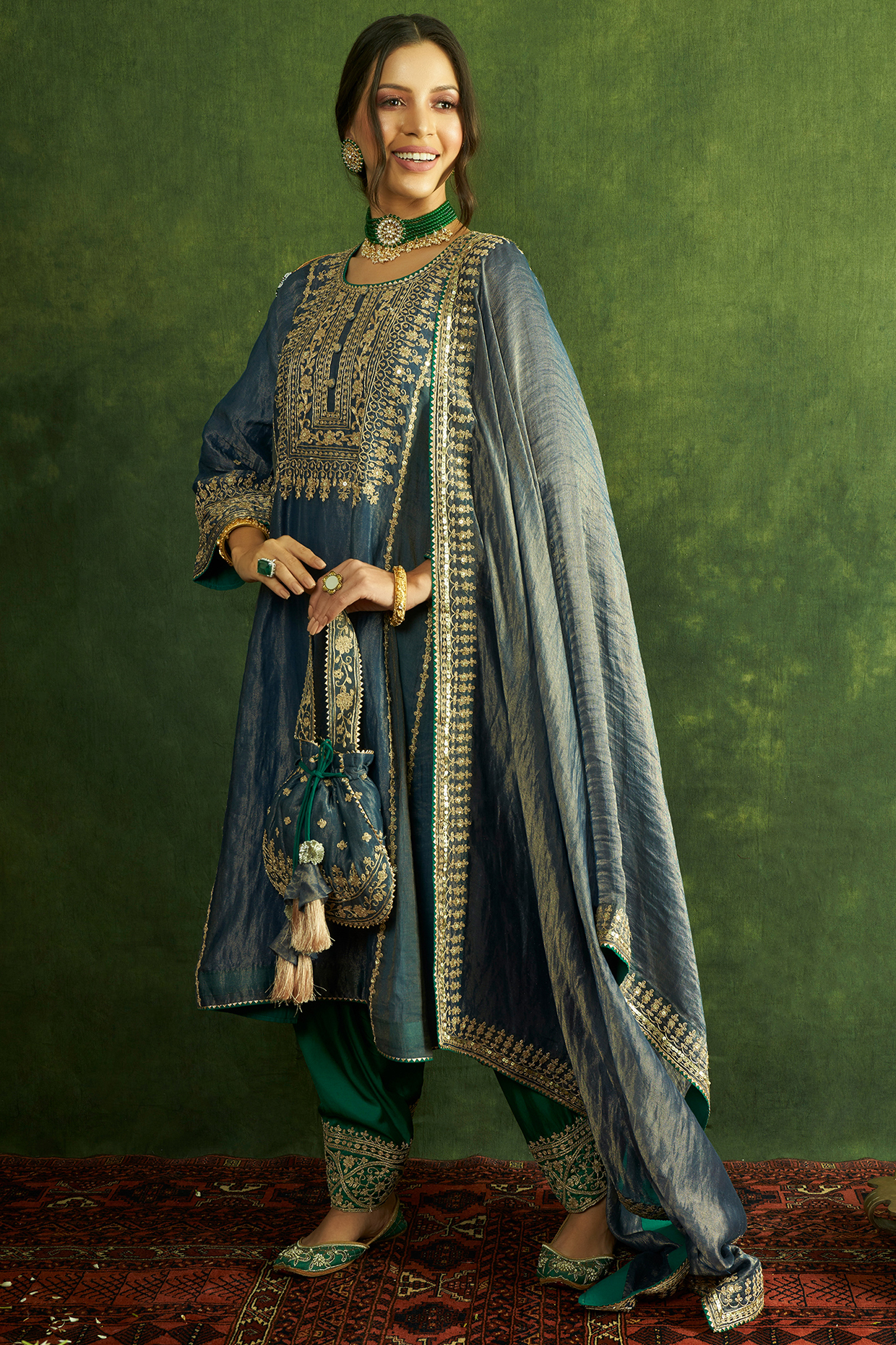 Charcoal Blue Handloom Chanderi Tissue Embroidered Kurta Set by A Touch Of Zari at Pernia's Pop Up Shop