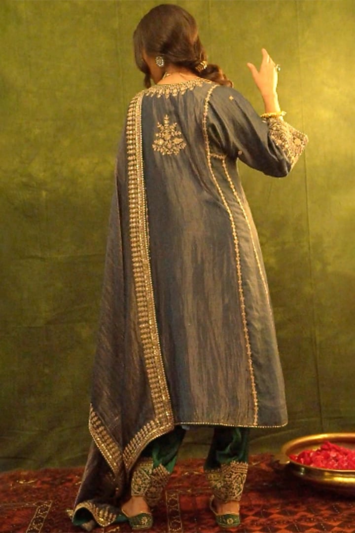 Charcoal Blue Handloom Chanderi Tissue Embroidered Kurta Set by A Touch Of Zari at Pernia's Pop Up Shop
