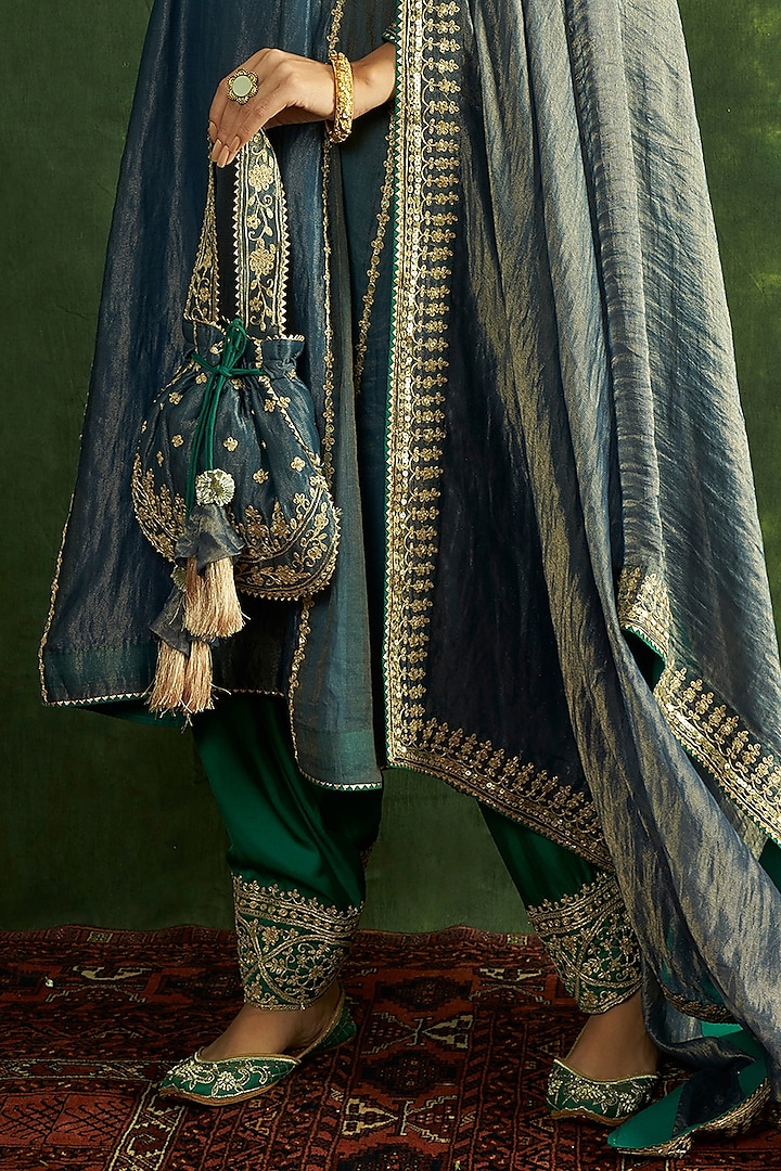 Charcoal Blue Handloom Chanderi Tissue Embroidered Kurta Set by A Touch Of Zari at Pernia's Pop Up Shop