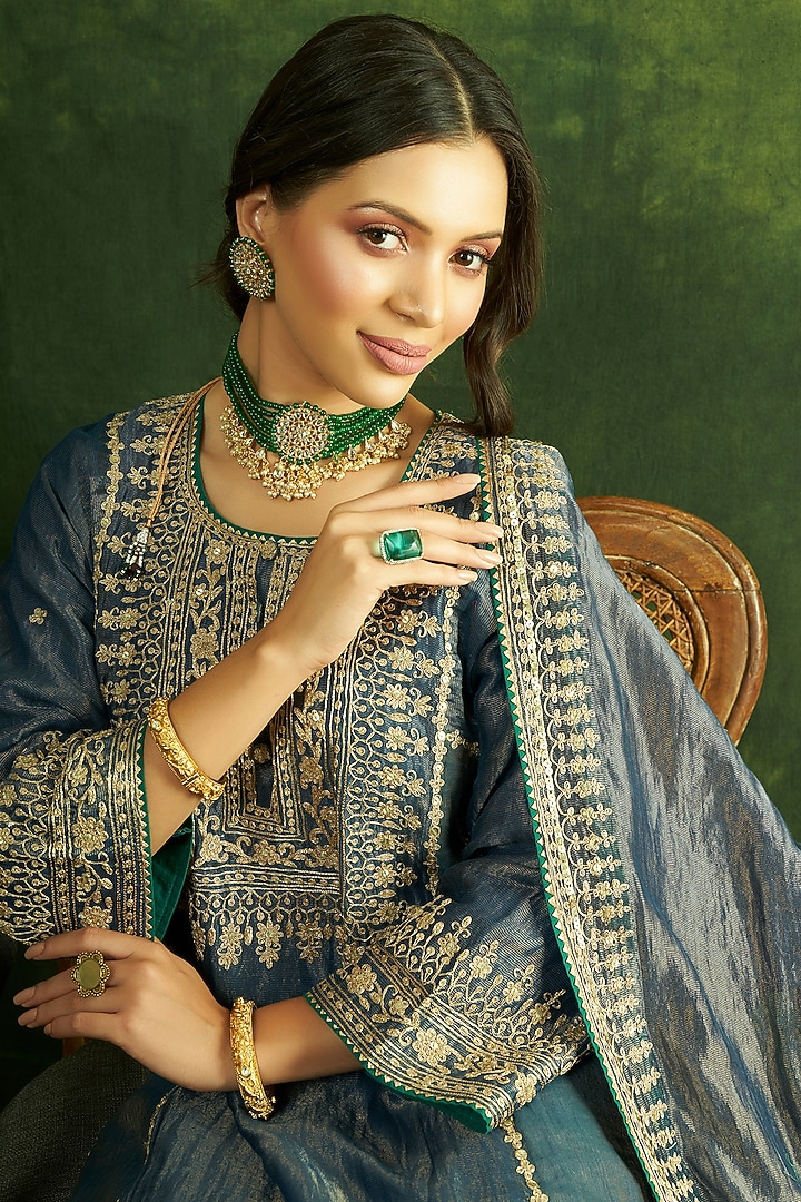 Charcoal Blue Handloom Chanderi Tissue Embroidered Kurta Set by A Touch Of Zari at Pernia's Pop Up Shop