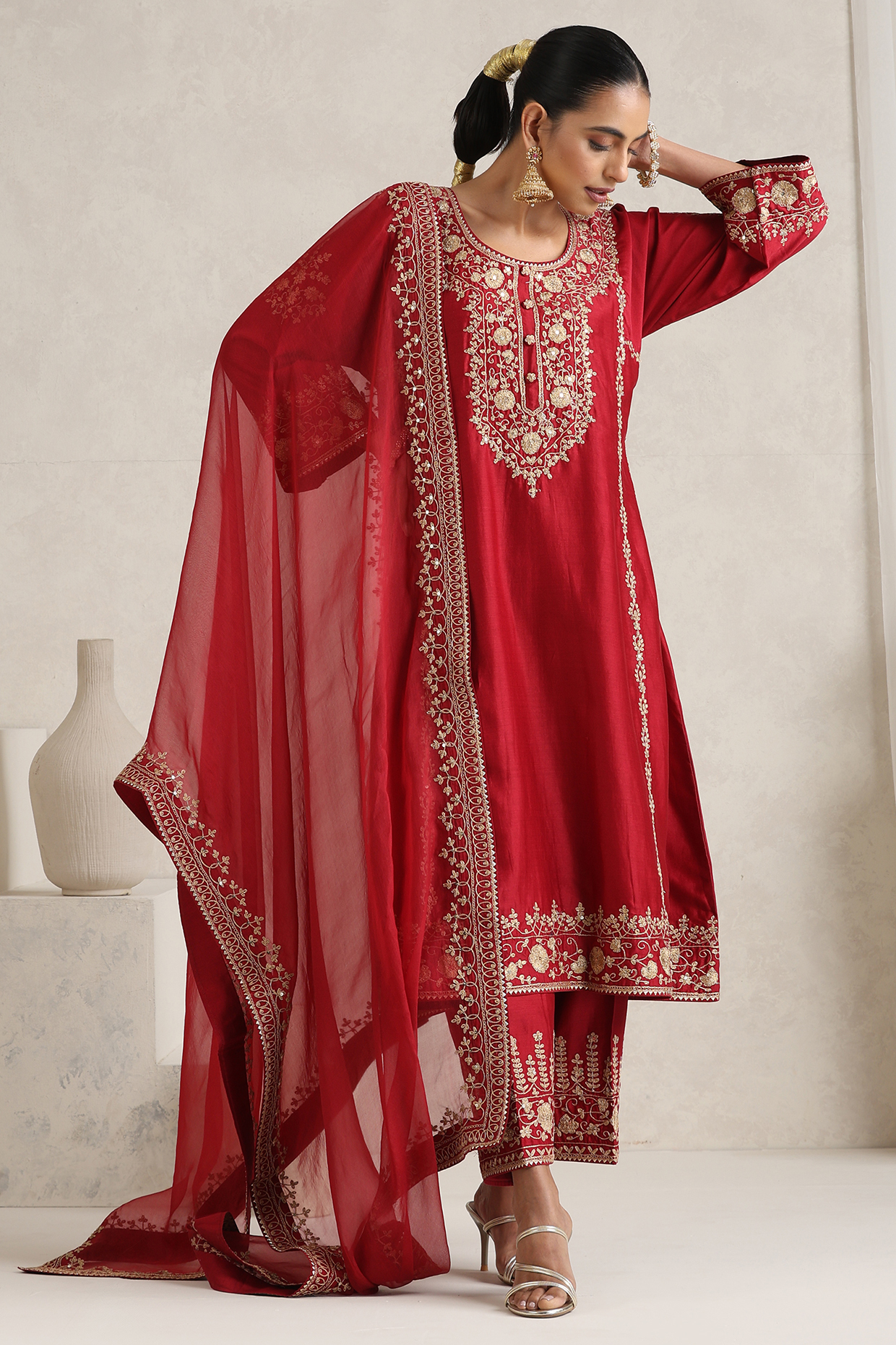 Red Silk Chanderi Dori Embroidered A-Line Kurta Set by A Touch Of Zari at Pernia's Pop Up Shop