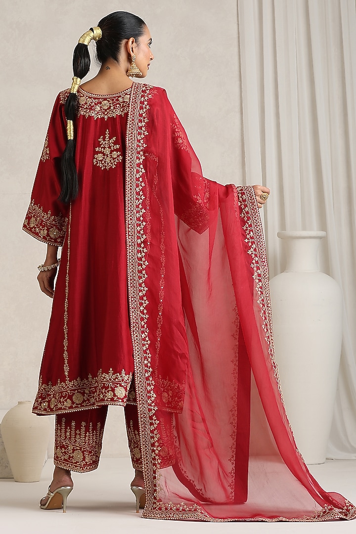 Red Silk Chanderi Dori Embroidered A-Line Kurta Set by A Touch Of Zari at Pernia's Pop Up Shop