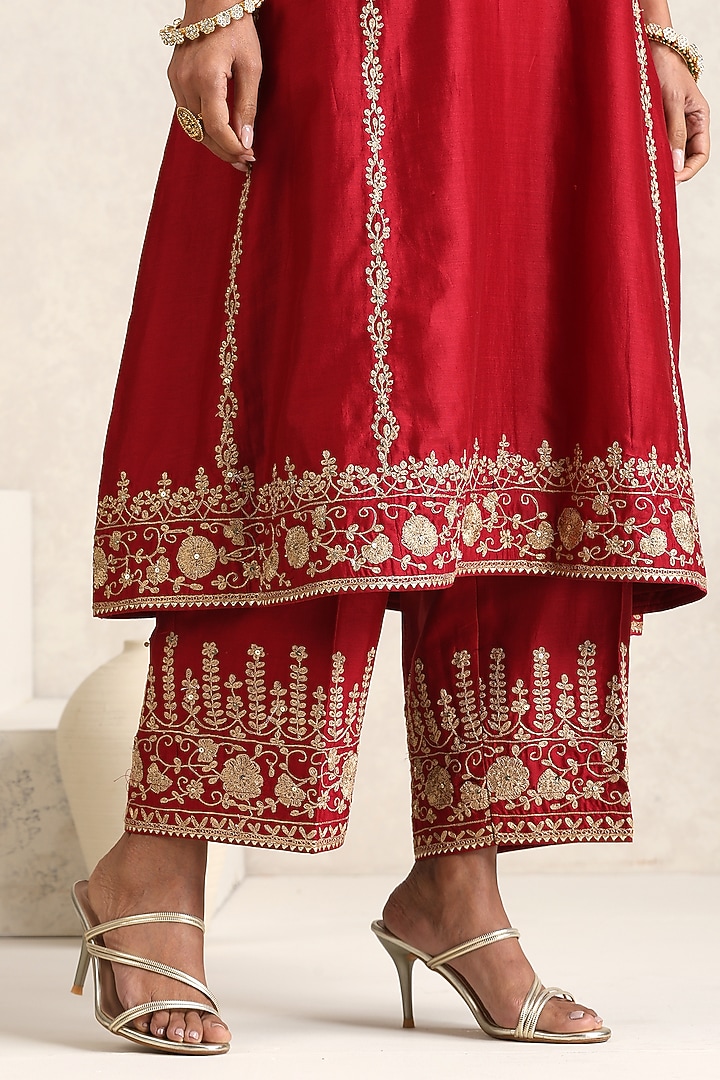 Red Silk Chanderi Dori Embroidered A-Line Kurta Set by A Touch Of Zari at Pernia's Pop Up Shop