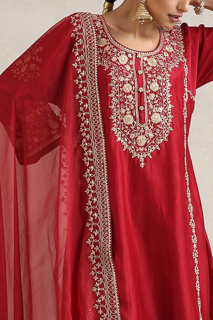 Red Silk Chanderi Dori Embroidered A-Line Kurta Set by A Touch Of Zari at Pernia's Pop Up Shop