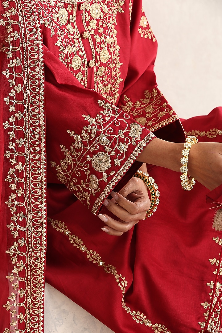 Red Silk Chanderi Dori Embroidered A-Line Kurta Set by A Touch Of Zari at Pernia's Pop Up Shop