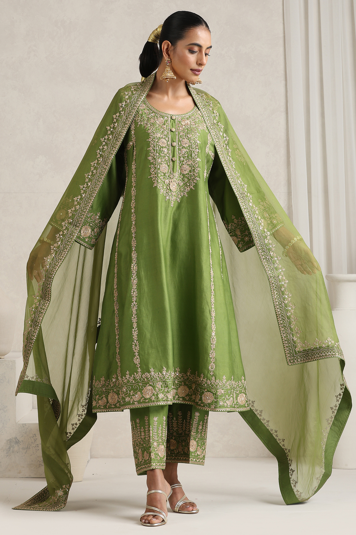 Green Silk Chanderi Dori Embroidered A-Line Kurta Set by A Touch Of Zari at Pernia's Pop Up Shop