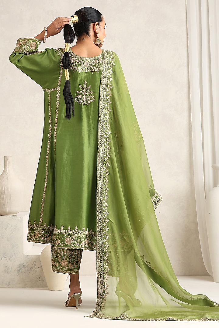 Green Silk Chanderi Dori Embroidered A-Line Kurta Set by A Touch Of Zari at Pernia's Pop Up Shop