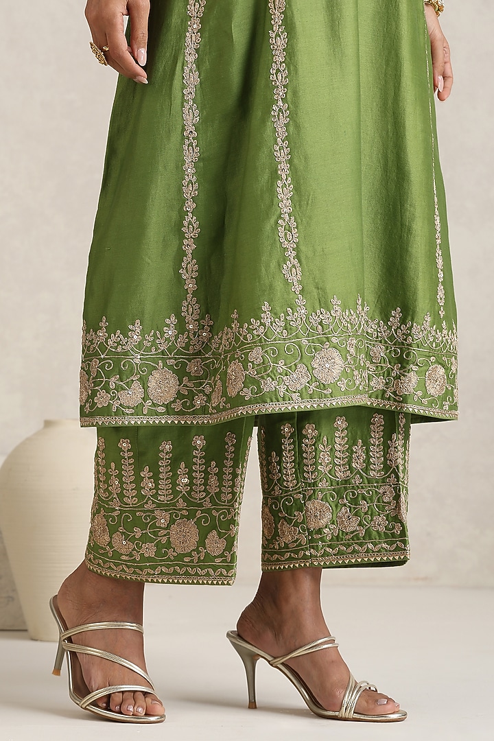 Green Silk Chanderi Dori Embroidered A-Line Kurta Set by A Touch Of Zari at Pernia's Pop Up Shop