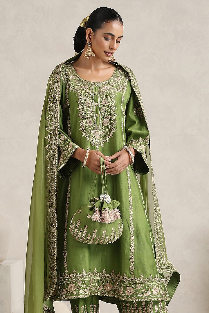Green Silk Chanderi Dori Embroidered A-Line Kurta Set by A Touch Of Zari at Pernia's Pop Up Shop