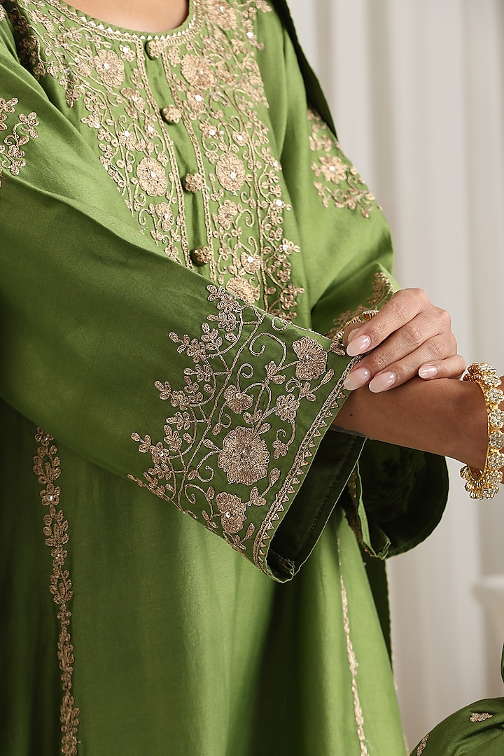 Green Silk Chanderi Dori Embroidered A-Line Kurta Set by A Touch Of Zari at Pernia's Pop Up Shop