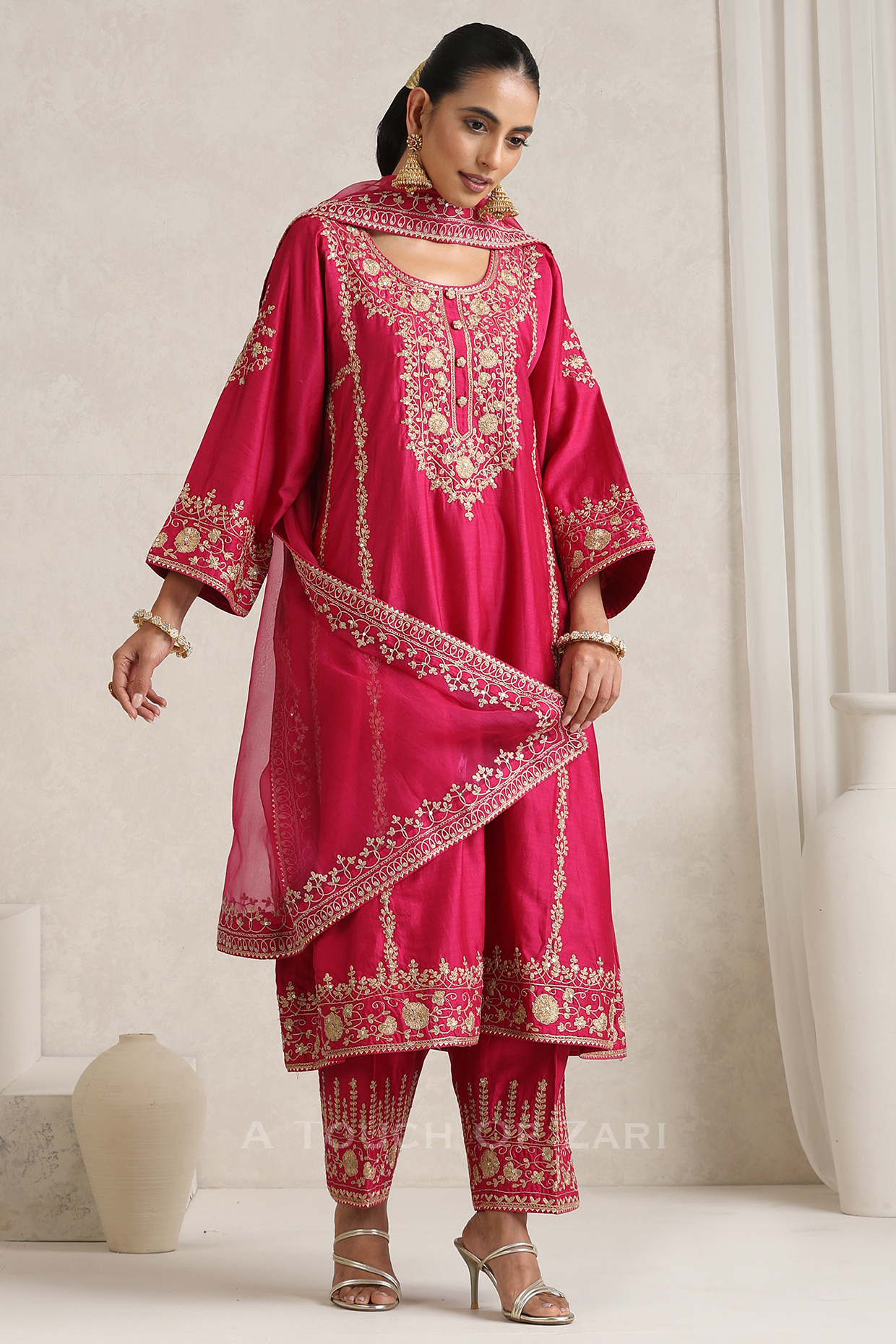Hot Pink Silk Chanderi Dori Embroidered A-Line Kurta Set by A Touch Of Zari at Pernia's Pop Up Shop