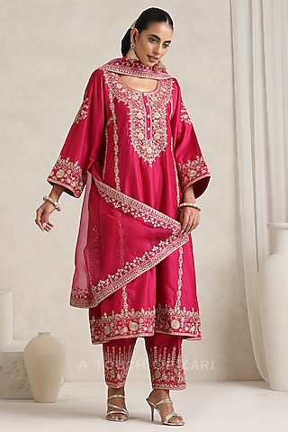 Hot Pink Silk Chanderi Dori Embroidered A-Line Kurta Set by A Touch Of Zari