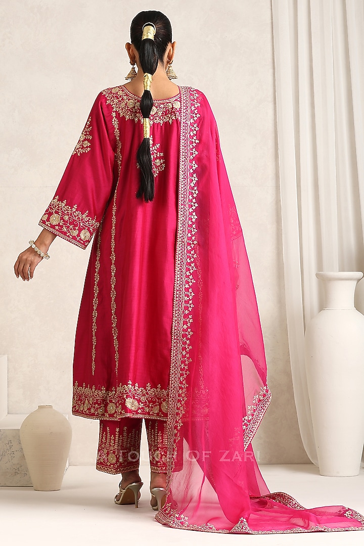 Hot Pink Silk Chanderi Dori Embroidered A-Line Kurta Set by A Touch Of Zari at Pernia's Pop Up Shop