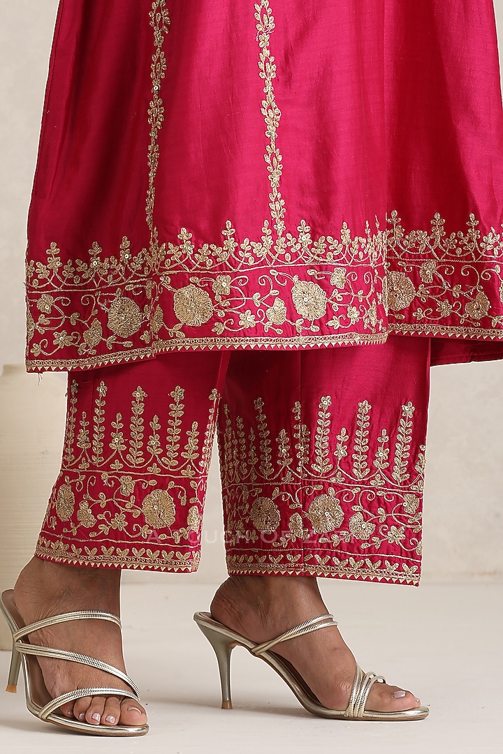 Hot Pink Silk Chanderi Dori Embroidered A-Line Kurta Set by A Touch Of Zari at Pernia's Pop Up Shop