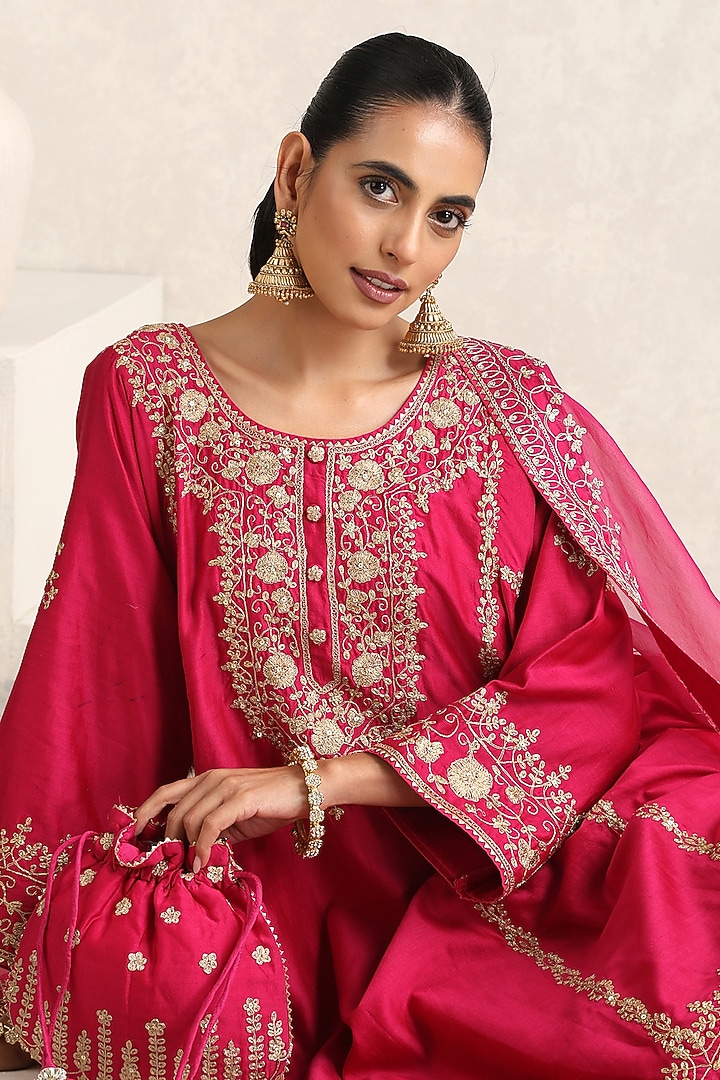 Hot Pink Silk Chanderi Dori Embroidered A-Line Kurta Set by A Touch Of Zari at Pernia's Pop Up Shop