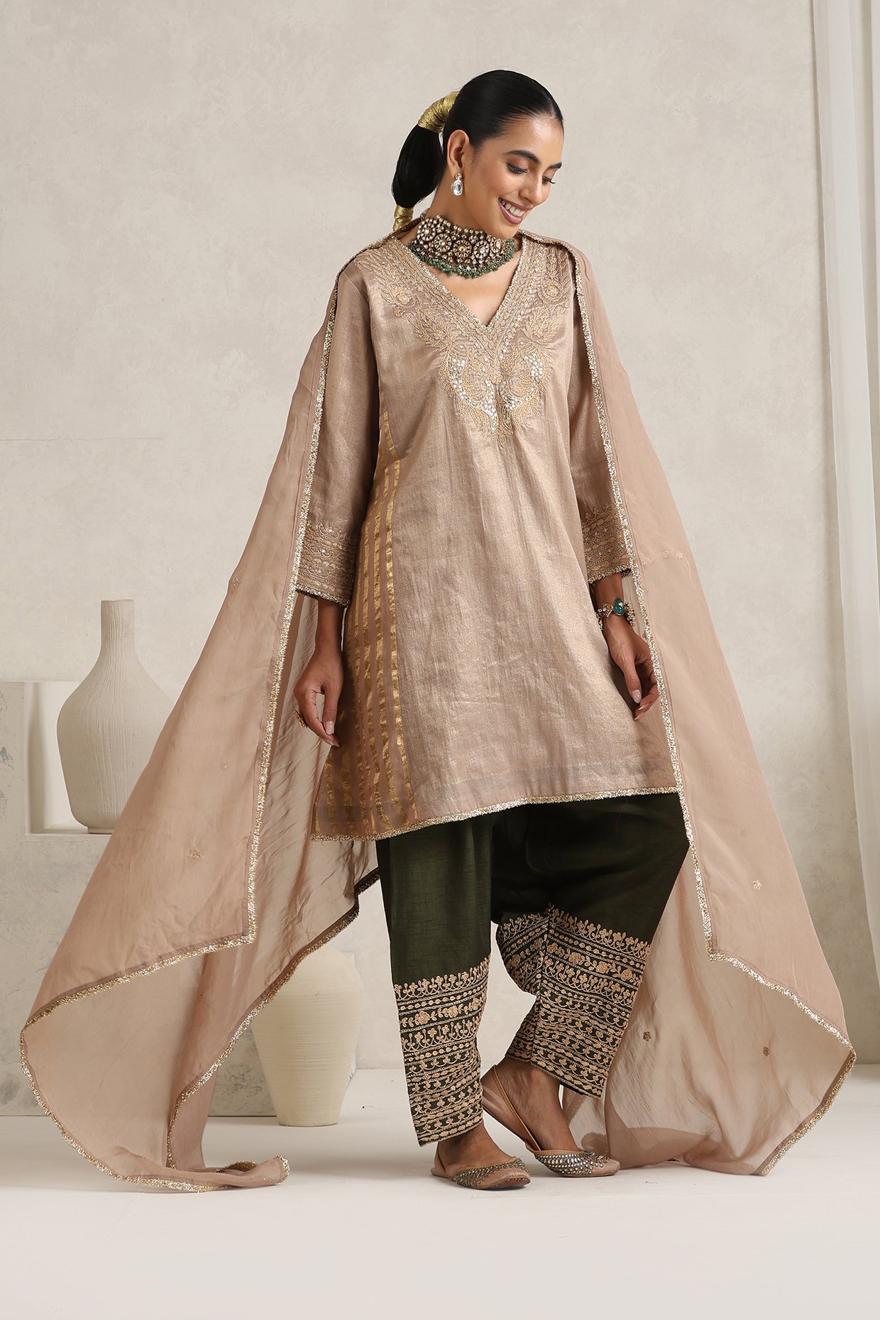 Beige Pure Mul Chanderi Dori Embroidered Kurta Set by A Touch Of Zari at Pernia's Pop Up Shop