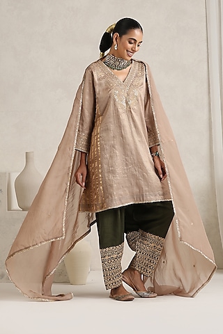 Beige Pure Mul Chanderi Dori Embroidered Kurta Set by A Touch Of Zari