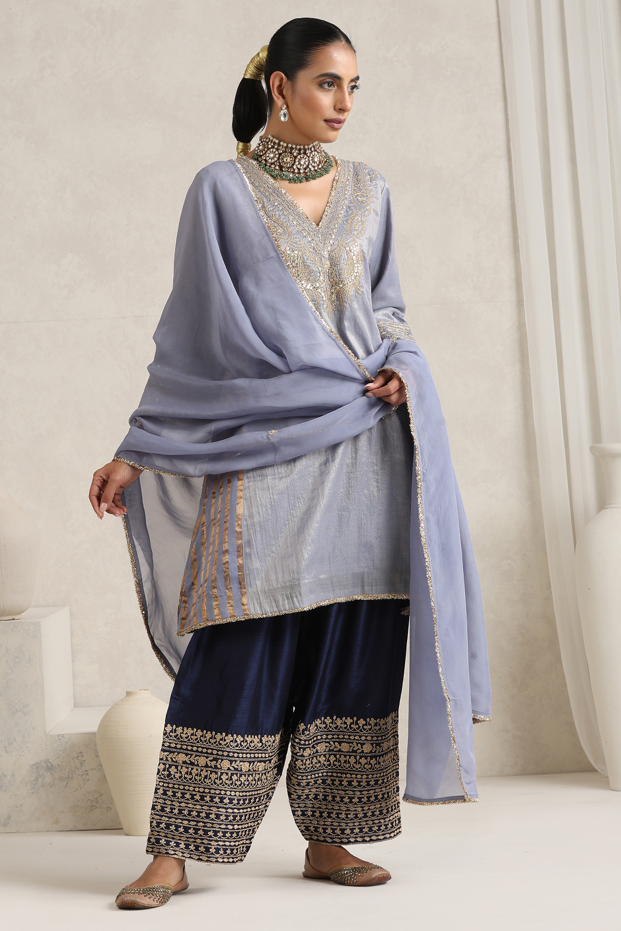 Grey Pure Mul Chanderi Dori Embroidered Kurta Set by A Touch Of Zari at Pernia's Pop Up Shop