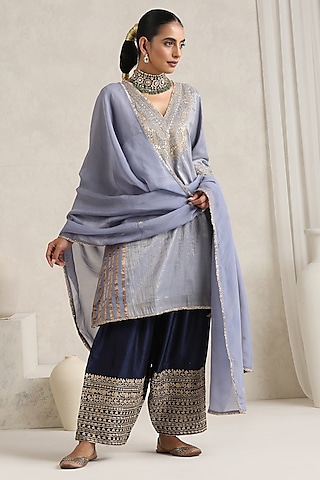 Grey Pure Mul Chanderi Dori Embroidered Kurta Set by A Touch Of Zari