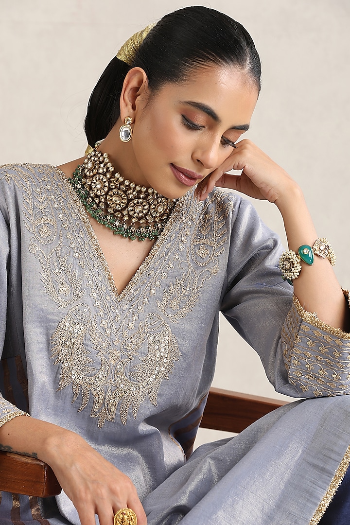 Grey Pure Mul Chanderi Dori Embroidered Kurta Set by A Touch Of Zari at Pernia's Pop Up Shop