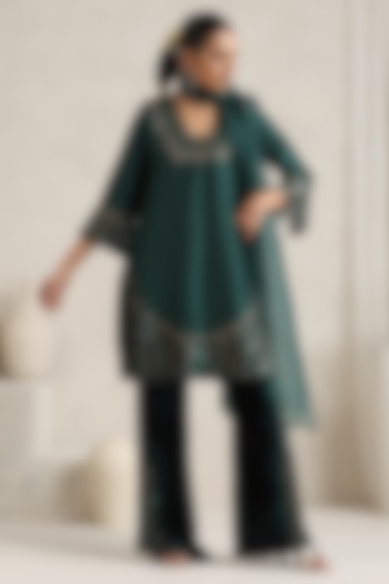 Dark Green Bemberg Silk Dori Embroidered Kurta Set by A Touch Of Zari at Pernia's Pop Up Shop