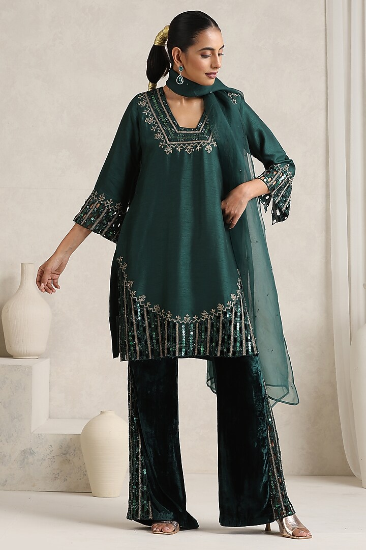 Dark Green Bemberg Silk Dori Embroidered Kurta Set by A Touch Of Zari at Pernia's Pop Up Shop