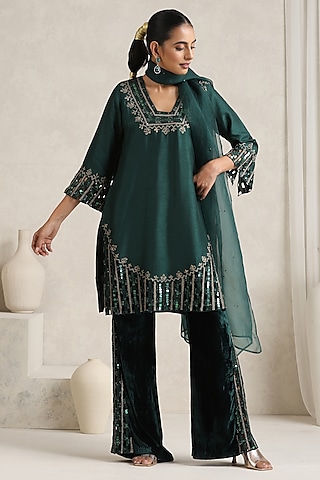Dark Green Bemberg Silk Dori Embroidered Kurta Set by A Touch Of Zari