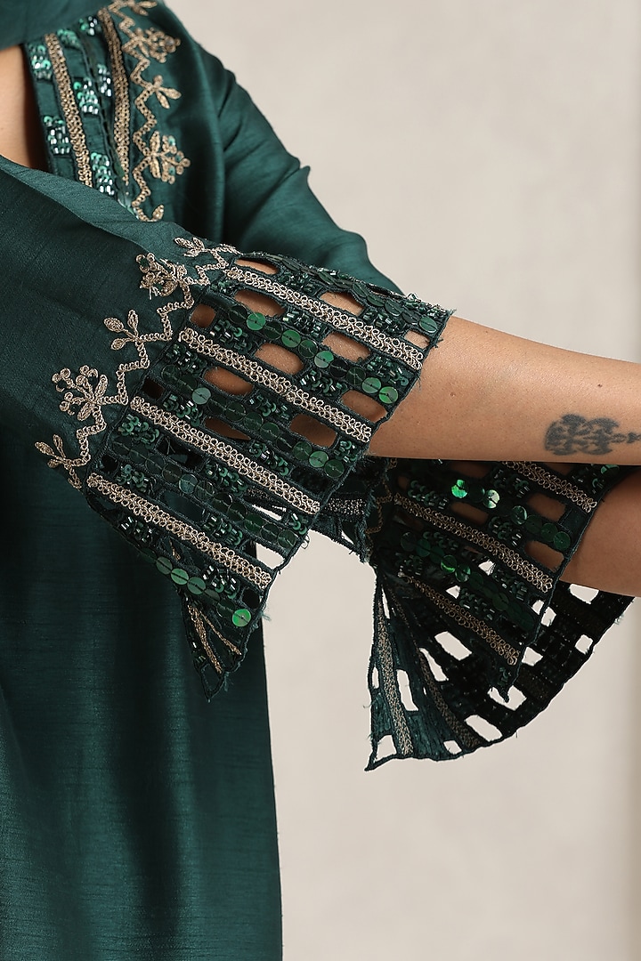 Dark Green Bemberg Silk Dori Embroidered Kurta Set by A Touch Of Zari at Pernia's Pop Up Shop