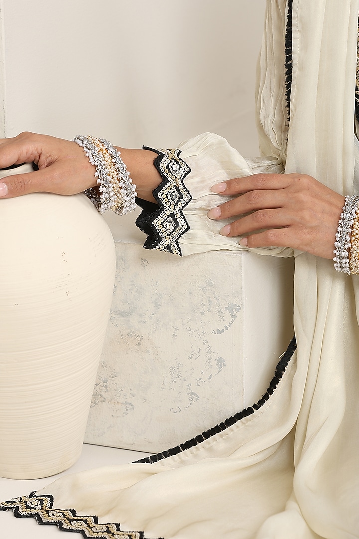 Ivory White Bemberg Silk & Satin Crepe Zari Embroidered Kurta Set by A Touch Of Zari at Pernia's Pop Up Shop