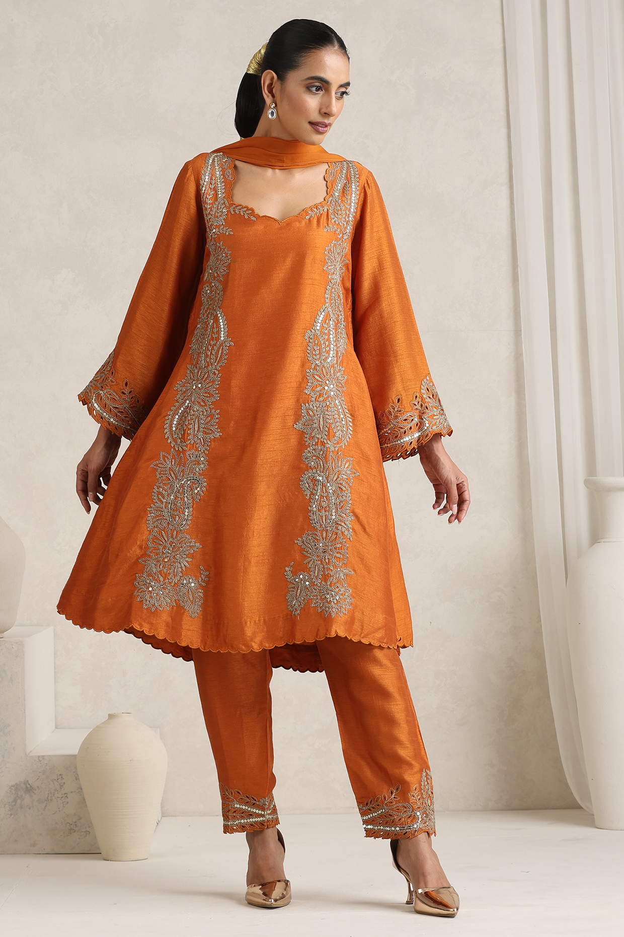 Orange Bemberg Silk Dori Embroidered A-Line Kurta Set by A Touch Of Zari at Pernia's Pop Up Shop