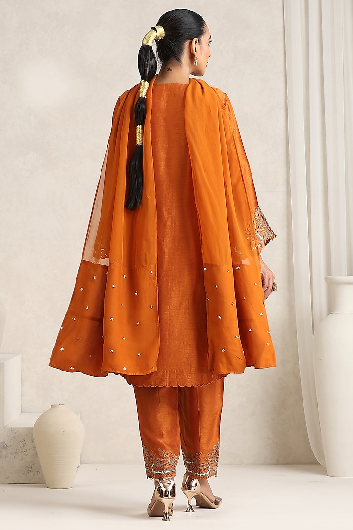 Orange Bemberg Silk Dori Embroidered A-Line Kurta Set by A Touch Of Zari at Pernia's Pop Up Shop