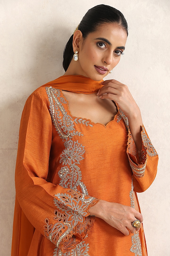 Orange Bemberg Silk Dori Embroidered A-Line Kurta Set by A Touch Of Zari at Pernia's Pop Up Shop