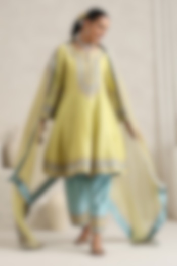 Lime Yellow Pure Silk Chanderi Zari Embroidered Wedding Anarkali Set by A Touch Of Zari at Pernia's Pop Up Shop
