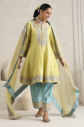 Lime Yellow Pure Silk Chanderi Zari Embroidered Anarkali Set by A Touch Of Zari