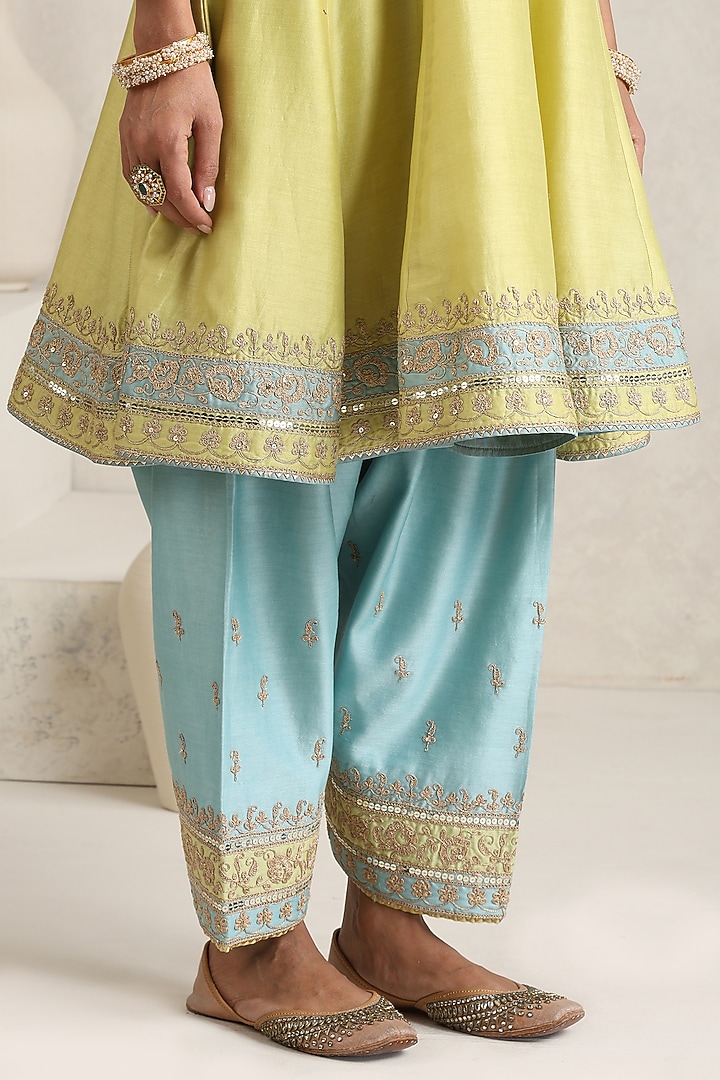 Lime Yellow Pure Silk Chanderi Zari Embroidered Wedding Anarkali Set by A Touch Of Zari at Pernia's Pop Up Shop