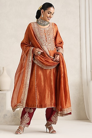 Orange Handloom Chanderi Tissue Zari Embroidered Kurta Set by A Touch Of Zari