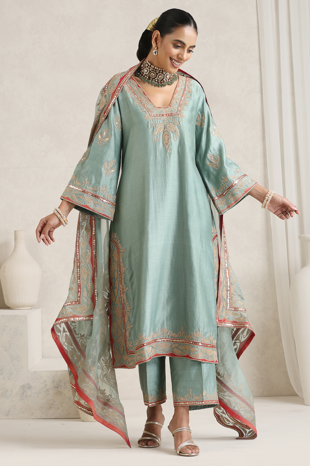 Pista Green Silk Chanderi Hand Embroidered Straight Kurta Set by A Touch Of Zari at Pernia's Pop Up Shop