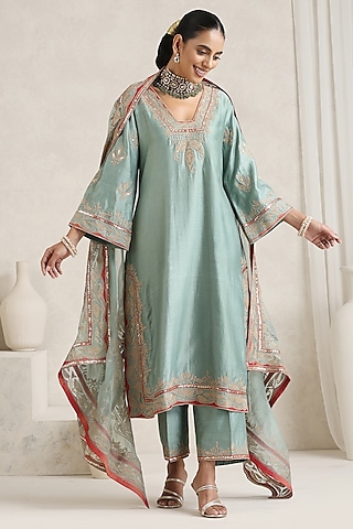 Pista Green Silk Chanderi Hand Embroidered Straight Kurta Set by A Touch Of Zari