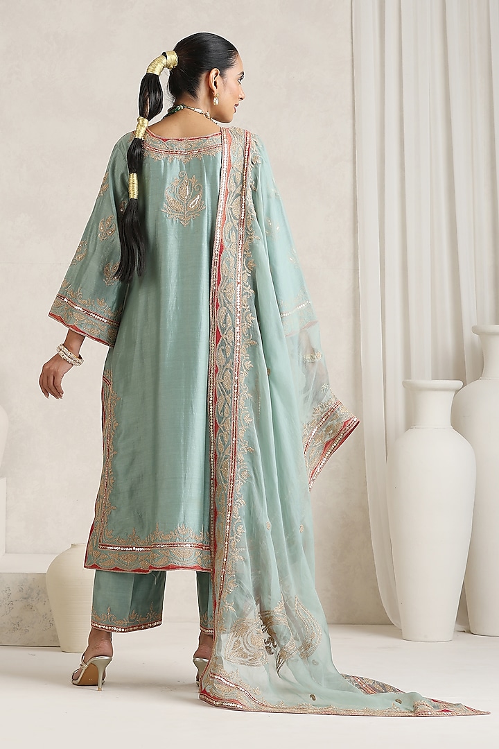 Pista Green Silk Chanderi Hand Embroidered Straight Kurta Set by A Touch Of Zari at Pernia's Pop Up Shop