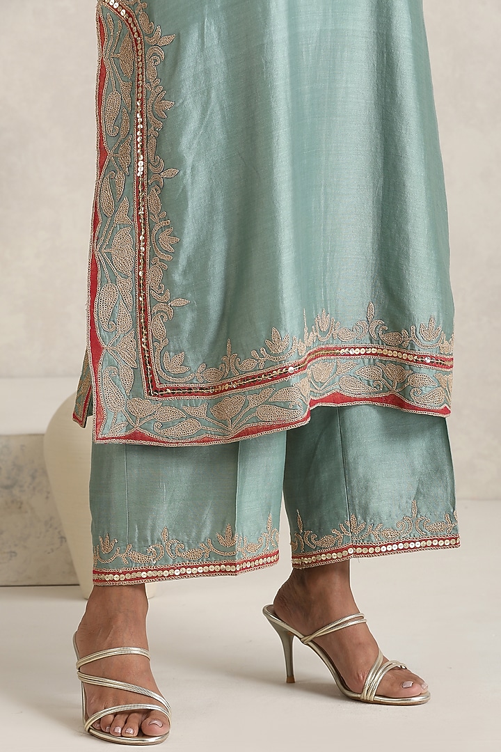 Pista Green Silk Chanderi Hand Embroidered Straight Kurta Set by A Touch Of Zari at Pernia's Pop Up Shop