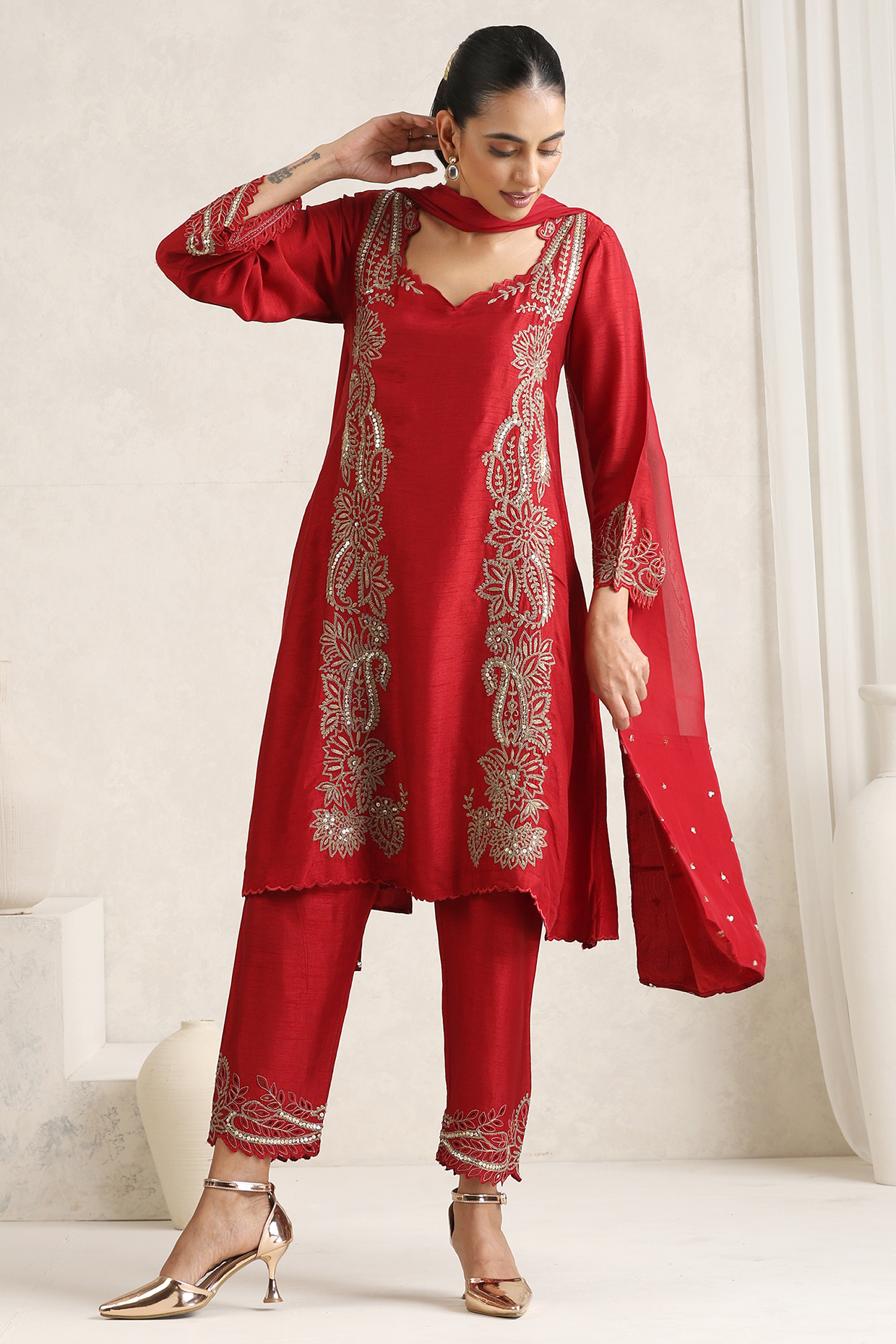 Red Bemberg Silk Sequins Embroidered Kurta Set by A Touch Of Zari at Pernia's Pop Up Shop
