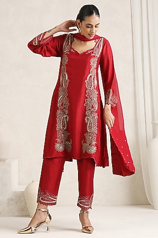 Red Bemberg Silk Sequins Embroidered Kurta Set by A Touch Of Zari