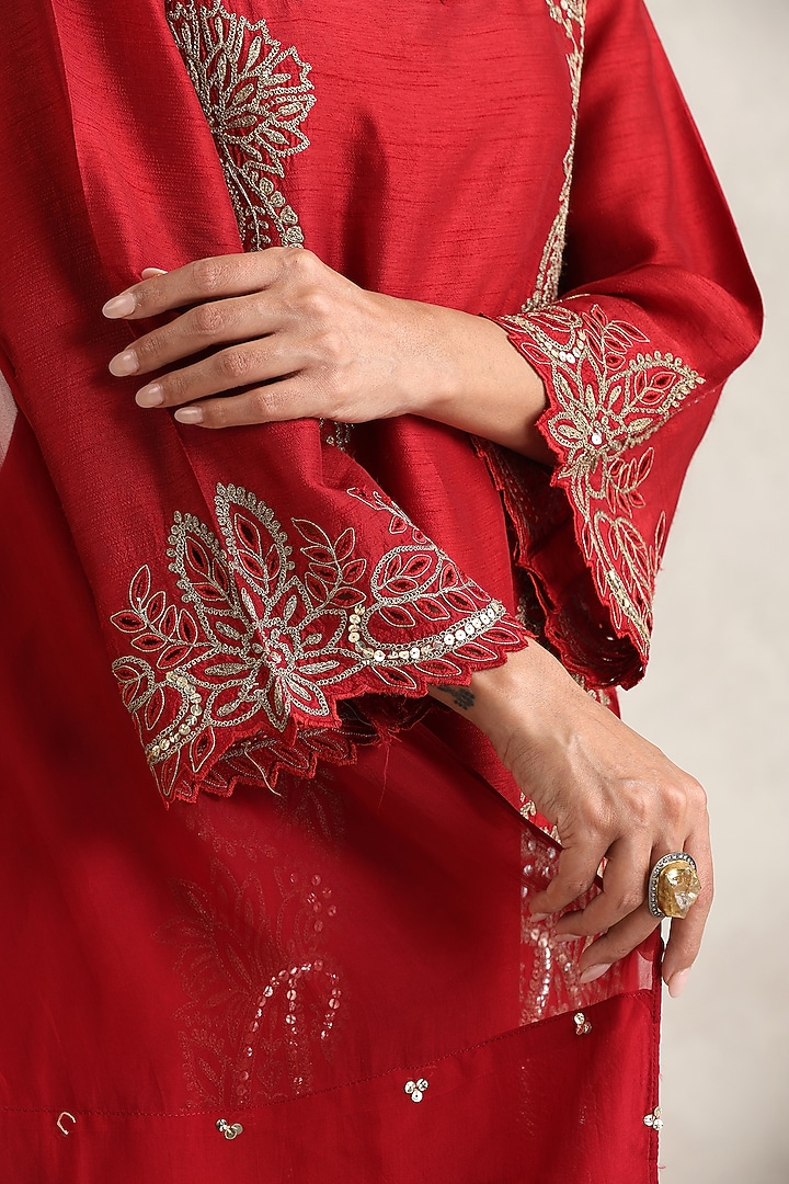Red Bemberg Silk Sequins Embroidered Kurta Set by A Touch Of Zari at Pernia's Pop Up Shop